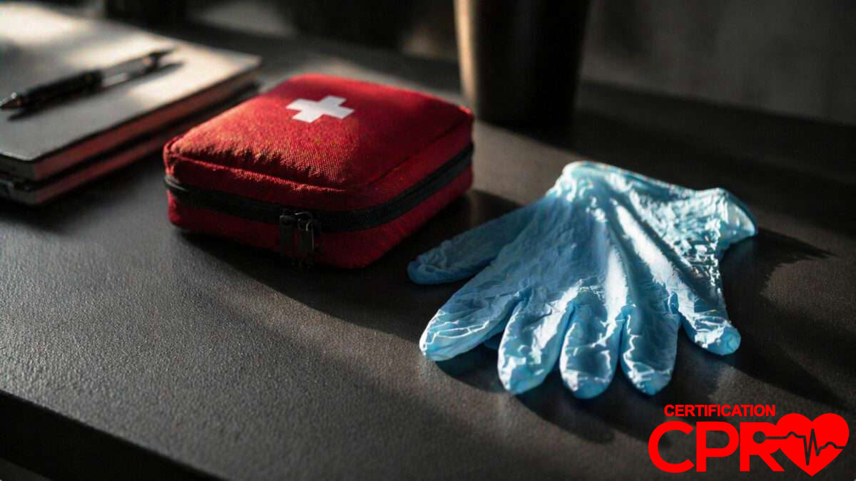 First aid kit and gloves for CPR certification and training in Laredo.