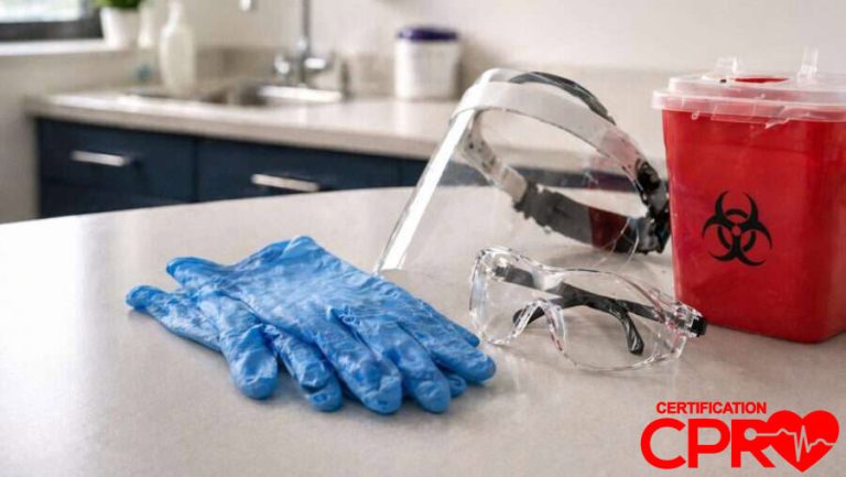 CPR training supplies including gloves, goggles, and biohazard container in Laredo.