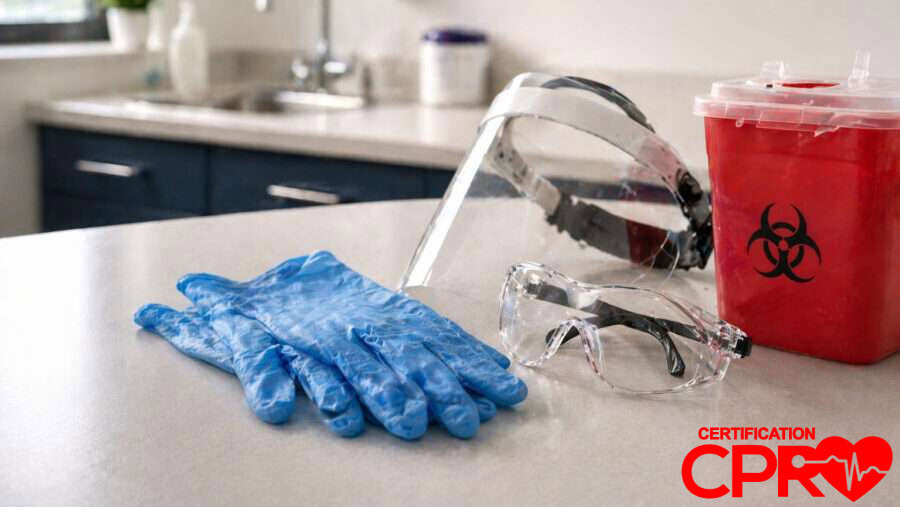 CPR training supplies including gloves, goggles, and biohazard container in Laredo.